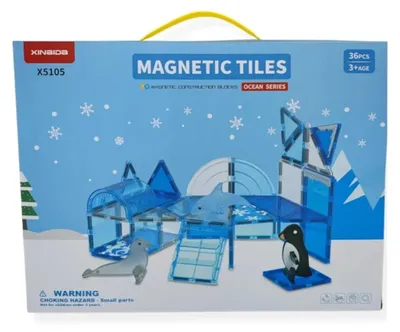 Obrázek produktu pro Magnetické kostky Ocean, 36 dílů se zvířecími figurkami – Magnetic Tiles, od 3 let (6 geometrických tvarů, ABS plast, neodymové magnety, 3 figurky polárních zvířat: tučňák, tuleň, delfín) – certifikováno podle norem CE a ASTM