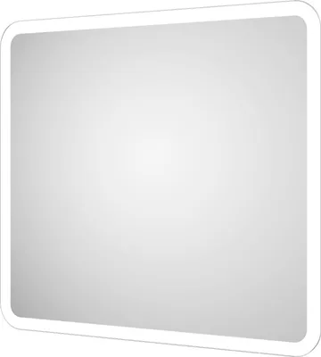 A product image of a rectangular bathroom mirror with rounded corners and integrated LED lighting around the edge.