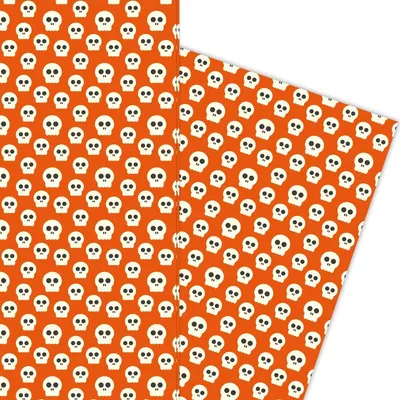 Produktbild von Gruseliges Halloween Geschenkpapier mit Totenköpfen auf orange rot - G5857, 32 x 48cm