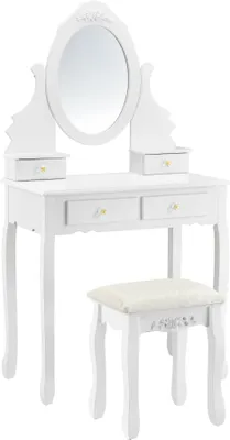 A white vanity table with an oval mirror and a matching stool, set against a white background.