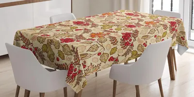Produktbild von ABAKUHAUS Eberesche Tischdecke, Herbstsaison-themenorientiertes Mischmuster mit Ahorn-Birken-Eichen-Herbstlaub und Ashberries, 140 x 200 cm, Mehrfarbig