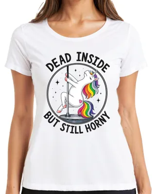 Productafbeelding van "Binnenin dood, maar toch nog zin in . Grappig en sarcastisch dames T-shirt, wit, maat XL."