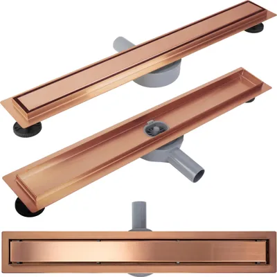 Three copper shower drains are shown against a white background.