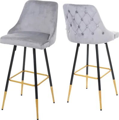 Produktbild von sada 2 barových stoliček HWC-E70, barová stolička, retro design sametové zlaté vzpěry/nohy  šedá
