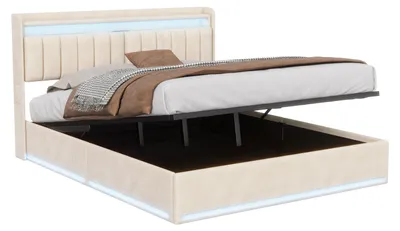 Immagine prodotto di Letto Moonbite con contenitore, dimensioni 140x200 cm, rivestito in velluto, presa USB-C centrale, vano portaoggetti nella testiera, illuminazione LED e sistema di sollevamento idraulico