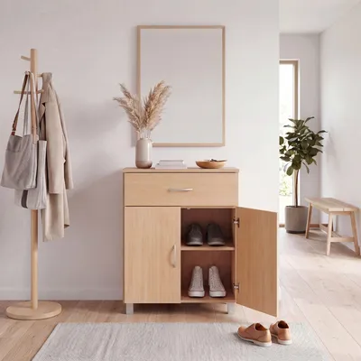 Image de FineBuy Armoire à chaussures avec tiroir et 2 portes 60×75×30 cm aspect hêtre Commode à chaussures peu encombrante en panneau de particules mélaminé Meubles d'entrée
