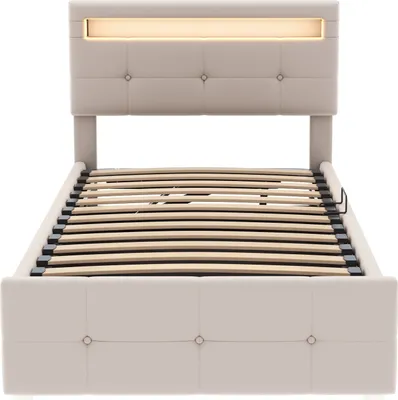 Obrázek produktu pro okwish Boxspring postel čalouněná postel 90 x 200 cm s nastavitelným opěradlem, hydraulická postel s úložným prostorem (bez matrace) – béžová