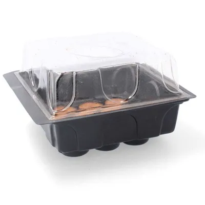 A mini greenhouse seedling starter kit with a clear lid and black base, containing 12 peat discs.