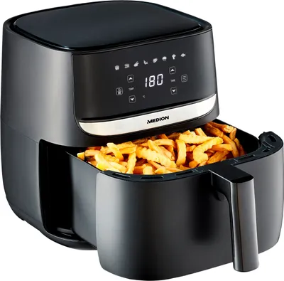 Produktbild von MEDION E50 XL Heißluftfritteuse (5,7 Liter, Airfryer, ca. 1700 Watt, Digitales Bedienfeld, 8 Automatikprogramme, ölfreies Frittieren, 30 Min Timer, Überhitzungsschutz, MD10532) schwarz