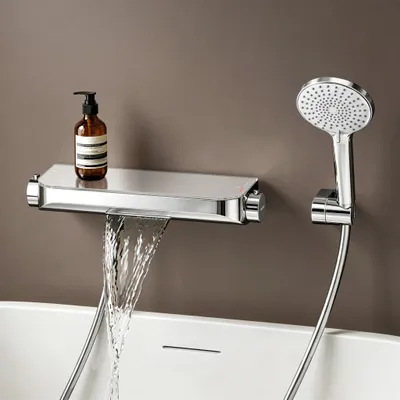 Produktbild von doporro Badewannenarmatur Thermostat mit Handbrause, Wasserfall Wannenarmatur aus Messing mit 38° C Sicherheitssperre Silber Oryntex-03