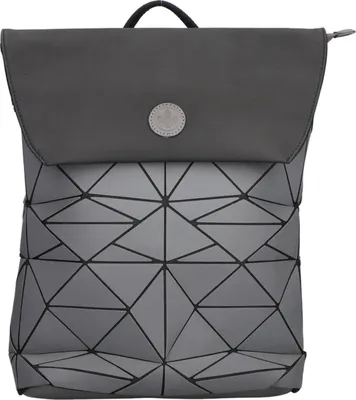 A gray backpack with a geometric pattern and a dark gray flap.