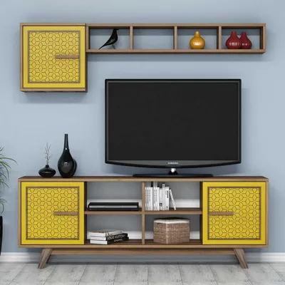 Obrázek produktu pro Skye Decor, Ayla - ořech, žlutá, TV stolek, ořech, 100 % MELAMINOVANÉ PANELY, 160 x 35 x 56,2 cm