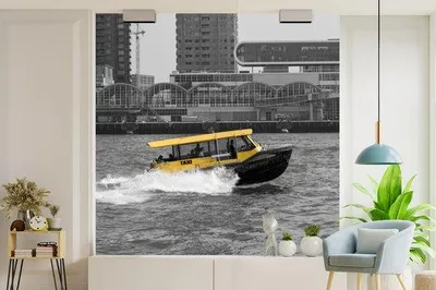 Produktbild von MuchoWow® Fototapete für Wohnzimmer oder Schlafzimmer Wandtapete Vinyl Motivtapete Schwarz-Weiß-Fotografie eines Bootes in der niederländischen Stadt Rotterdam - 260x260 cm - Papiertapeten