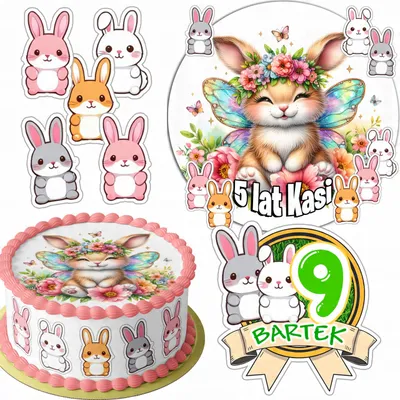 Image de Zestaw Opłatek Na Tort 20Cm + 16 Postaci - Królik Las + Imię 15Cm 18Cm