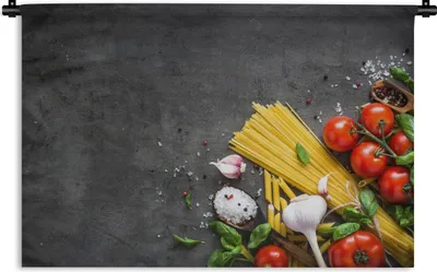 Produktbild von MuchoWow® Wandteppich Wandbehang Nudeln - Kräuter - Tomate - Gewürze - Rustikal 90x60 cm Tapisserie Dekoration Wandtuch - Wandskulpturen - Bildteppich