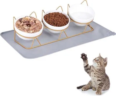 Produktbild von Famanu Futter- und Trinkschalen Set für Katzen und Hunde - 3 Stück mit Unterlage