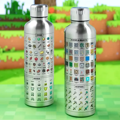 Two Minecraft-themed metal water bottles displayed in front of a pixelated Minecraft background.