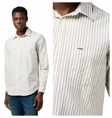Immagine prodotto di Wrangler | Camicia da uomo, confezione singola, colore crema a righe, cotone, vestibilità regular, taglia L