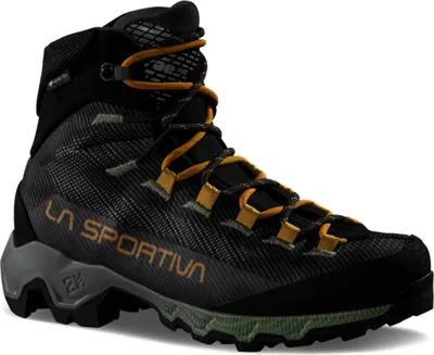 Schwarzer La Sportiva Aequilibrium Hike Woman GTX Wanderschuh mit orangefarbenen Schnürsenkeln und grauer Sohle