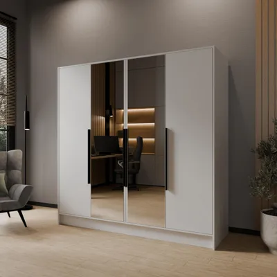 Produktbild von Drehtürenschrank LARO 200 cm Moderner Kleiderschrank mit Spiegel und glatten Türen, Weiß mit schwarze Griffe