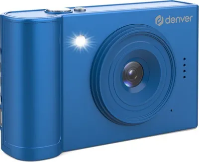 A blue digital camera is shown against a white background.