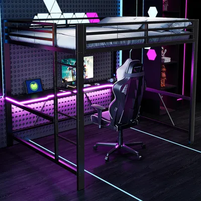 Produktbild von okwish Hochbett 160x200 Jugendbett mit LED-Beleuchtung,Bettgestell mit USB-Ladestation und integriertem Schreibtisch,Schwarz(ohne Matratze)