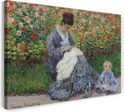 Produktbild von Leinwandbild (120x80cm): Claude Monet - Camille Monet und ein Kind im Garten des Künstlers in Argenteuil, echter Holz-Keilrahmen inkl. Aufhänger, handgefertigt in Deutschland
