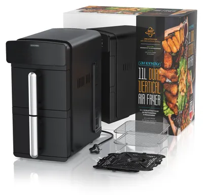 A black dual-chamber air fryer and its packaging are displayed on a white background.