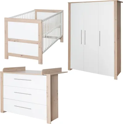 Produktbild von roba Kinderzimmer Set 3-teilig Malo - Gitterbett 70 x 140 cm + Wickelkommode + Kinderkleiderschrank 3-türig - Holz weiß lackiert / Holzdekor Artisan E