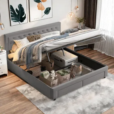 Obrázek produktu pro Čalouněná postel Fortuna Lai 180x200 cm, postel s hydraulickou pružinou, zásuvkou a lamelovým roštem, samet, šedá barva