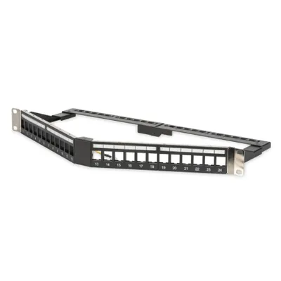 Produktbild von Digitus Modular Patch Panel, abgewinkelt V-Design, Schwarz, Stahl, Rackeinbau, 1U, -20 - 70 °C, 483 mm