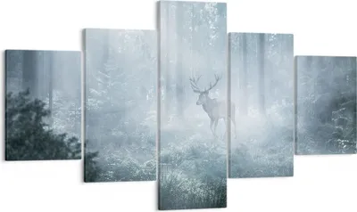 Produktbild von Bild auf Leinwand - Leinwandbild - 5 Teile - Hirsch Wald Morgendämmerung - 125x70cm - Wand Bild - Wanddeko - Wandbilder - Leinwanddruck - Bilder - Wanddekoration - Leinwand bilder - EA125x70-4667