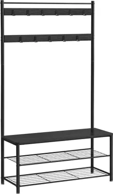 A black coat rack with a shoe shelf and a bench.