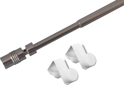 A metal curtain rod with two white plastic window hooks against a white background.