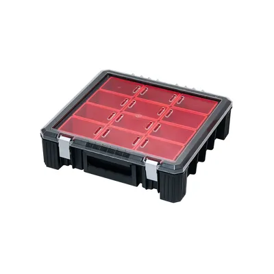 A black and red organizer box with a clear lid.