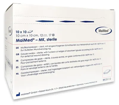 Produktbild von Sterile Mullkompressen 10x10 cm, 100 Stück, 12-lagig, fusselfrei, Wundauflagen