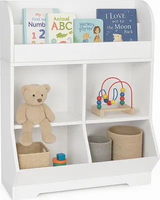 Zdjęcie produktu dla Relaxdays – regał dla dzieci na książki, 2 półki na książki, 4 przegródki, wys. x szer. x gł.: 89,5 x 67 x 30 cm, regał na zabawki, schowek, biały