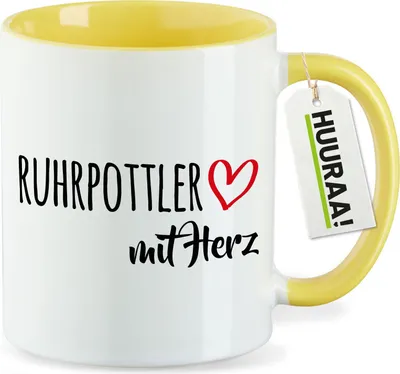 Produktbild von Huuraa Kaffeetasse Ruhrpottler mit Herz 330ml Gelb Keramik Kaffeebecher Geschenkidee