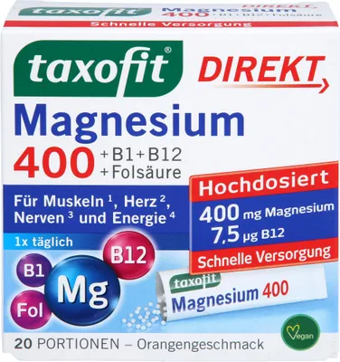 Produktbild von Taxofit Magnesium 400+B1+B6+B12+Folsäure 800 Gran. 20 St