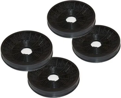 Four black circular charcoal filters are arranged in a diagonal pattern on a white background.