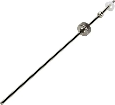 A close-up studio shot of a metal rod with several attachments, isolated on a white background.