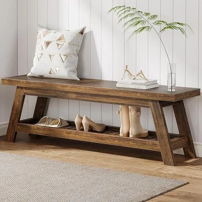 Imagen del producto de Banco de 140 cm para dormitorio, banco de entrada, banco de madera para pasillo, comedor, sala de estar, estilo rústico, estante para zapatos, banco de acento interior para recibidor, color marrón rústico