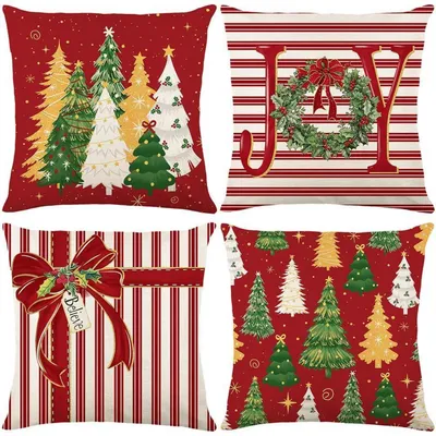 Immagine prodotto di Cuscini decorativi natalizi, colore rosso, 45x45 cm, set da 4, con motivi di alberi di Natale e pupazzi di neve
