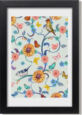 Produktbild von Bild 20x30 MDF-Rahmen, Wandkunst Vögel Schmetterlinge Blumen