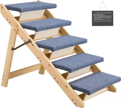 Produktbild von SucceBuy Haustiertreppe 780x470x660 mm, 5-stufige klappbare Holztreppe für kleine, mittlere und große Haustiere sowie ältere Tiere und Welpen bis 68 kg, ideal für Betten, Sofas und Autos