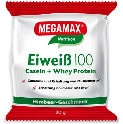 Produktbild von MEGAMAX Nutrition Eiweiß 100 Pulver Himbeer-Geschmack, 30 g Pulver