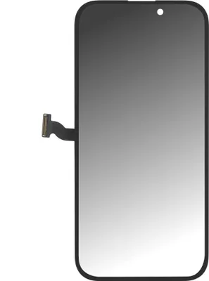 A replacement screen for an iPhone 14 Pro Max, showing the display and a ribbon cable.
