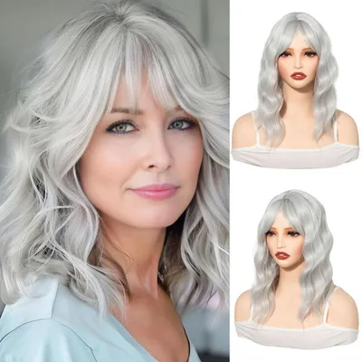 Image de Postiche pour cheveux, synthétique, 35 cm, avec frange, couleur argent, ondulé