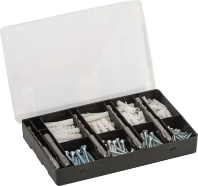 Produktbild von Fixier-Set 173-teilig, Bohrer, Dübel, Schrauben, Bits in handlicher Sortierbox.
