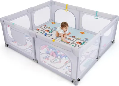Immagine prodotto di Box per bambini - 189 x 158 cm Box - Con tappetino da gioco - 4 maniglie - 50 palline - Porta di sicurezza - Rete traspirante - Grigio